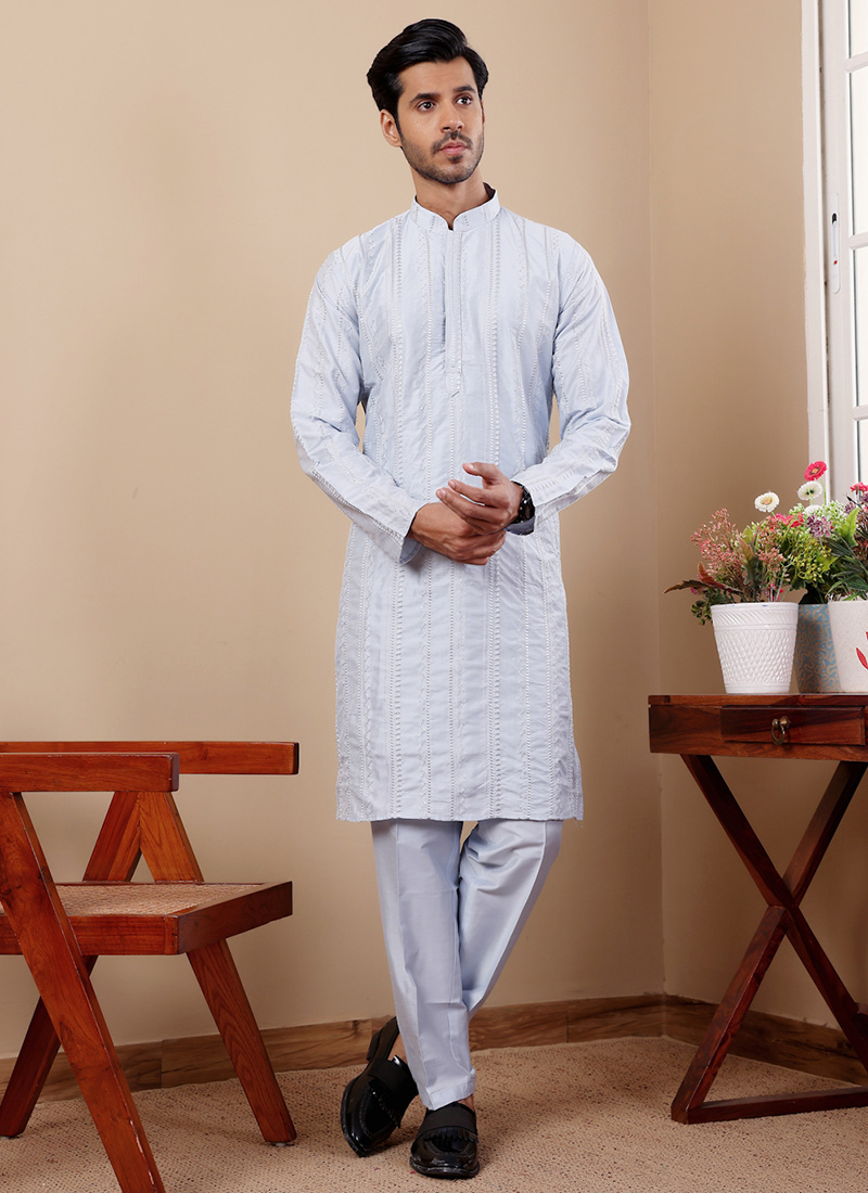 Light Blue Silk Thread Embroidered Kurta Pyjama Festive Wear
