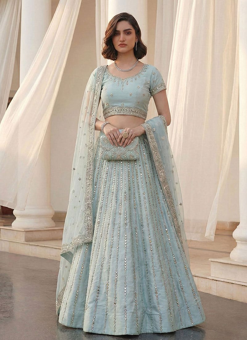 Light Blue Silk Zari Embroidered Sequins With Mirror Work Lehenga Wedding Wear