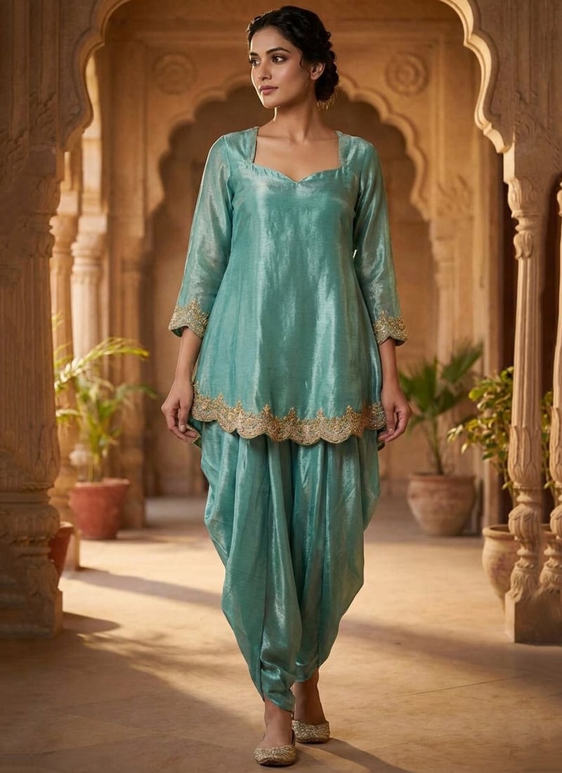 Light Blue Silk Zari Sequins Dhoti Set Festive Wear