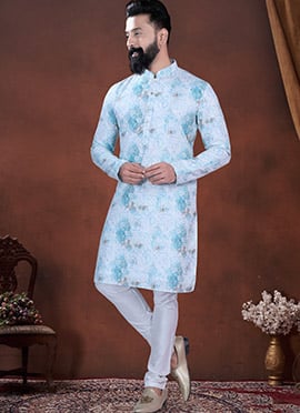 Light Blue Soft Cotton Thread Embroidered Sequins Printed Kurta Pyjama