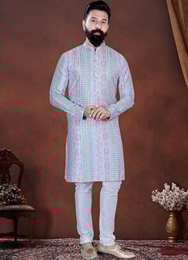 Light Blue Soft Cotton Thread Embroidered Sequins Printed Kurta Pyjama