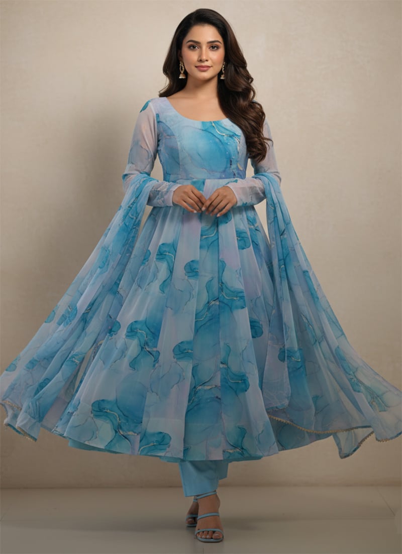 Light Blue Soft Organza Silk Printed Anarkali Suit After Six Wear