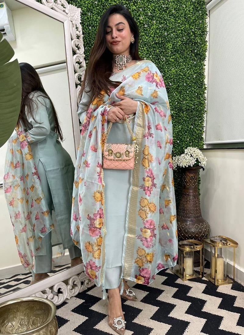 Light Blue Viscose Chanderi Embroidered Jacquard Straight Pant Suit  After Six Wear