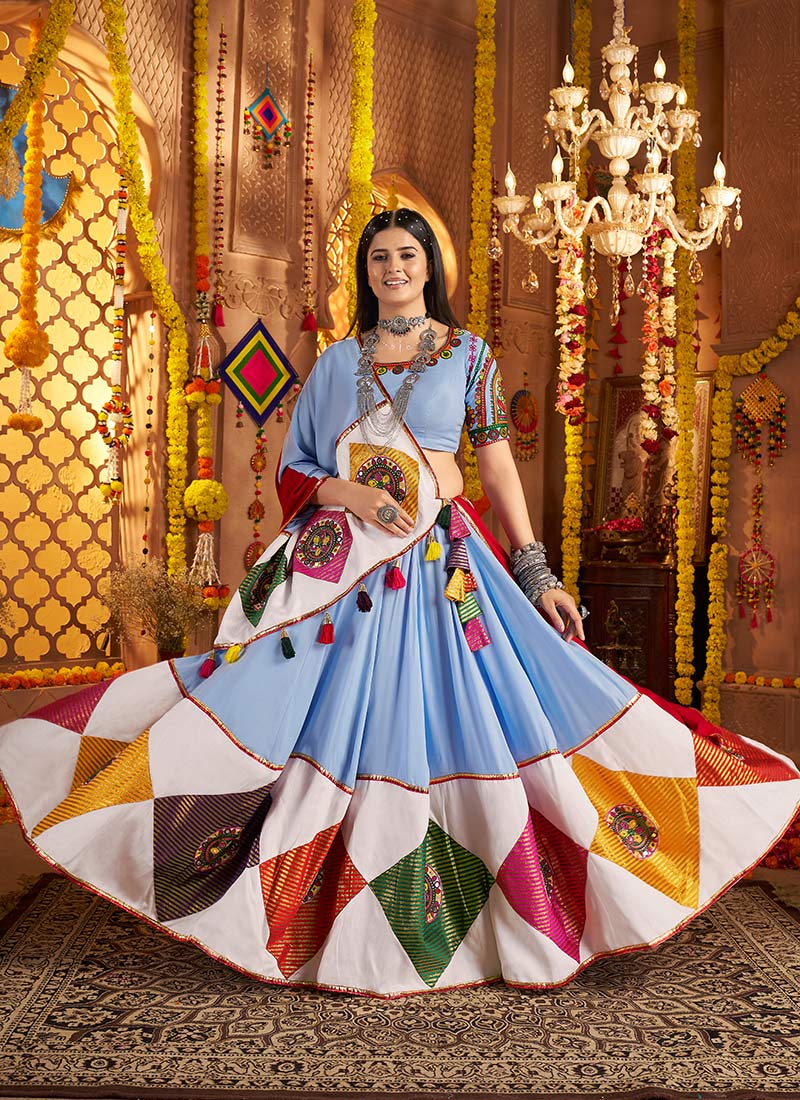 Light Blue Viscose Cotton Kutch Work Chaniya Choli
