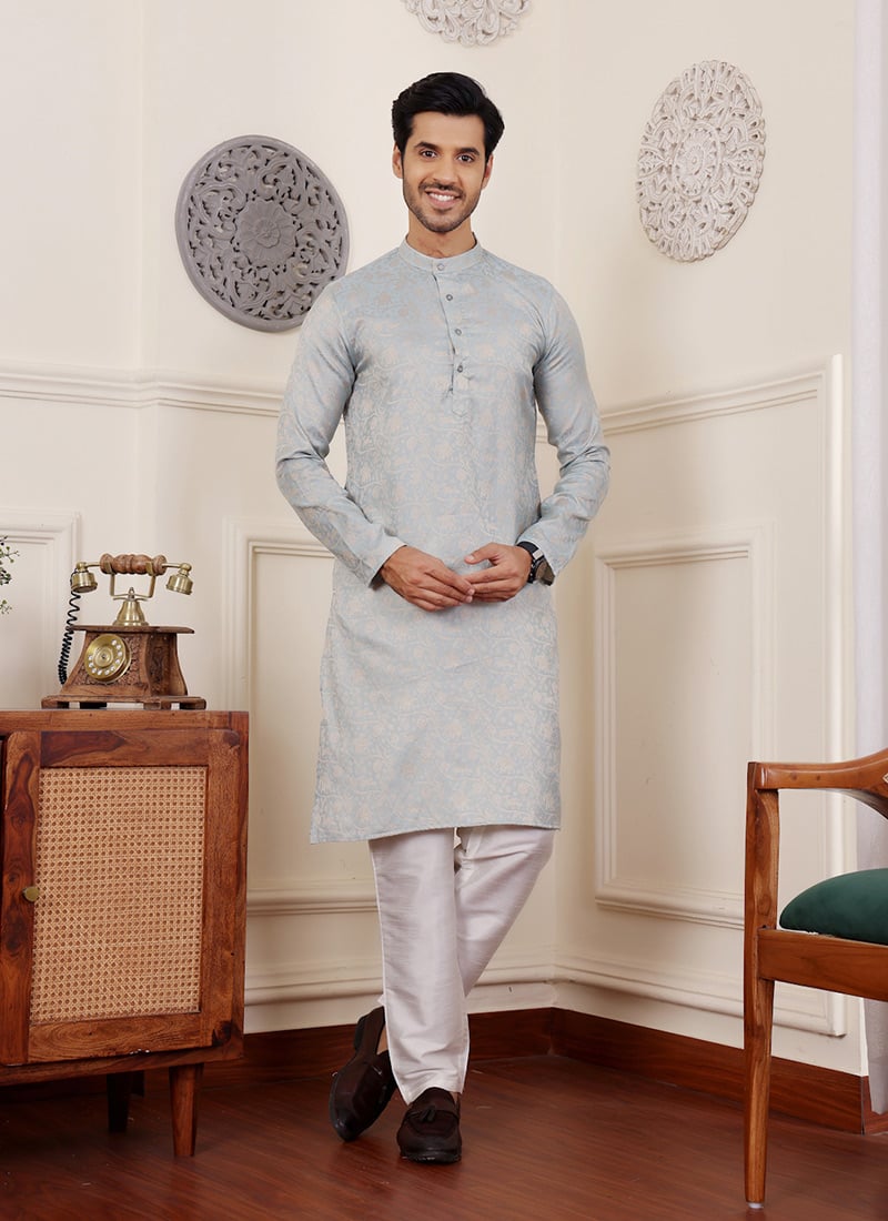 Light Blue Viscose Jacquard Kurta