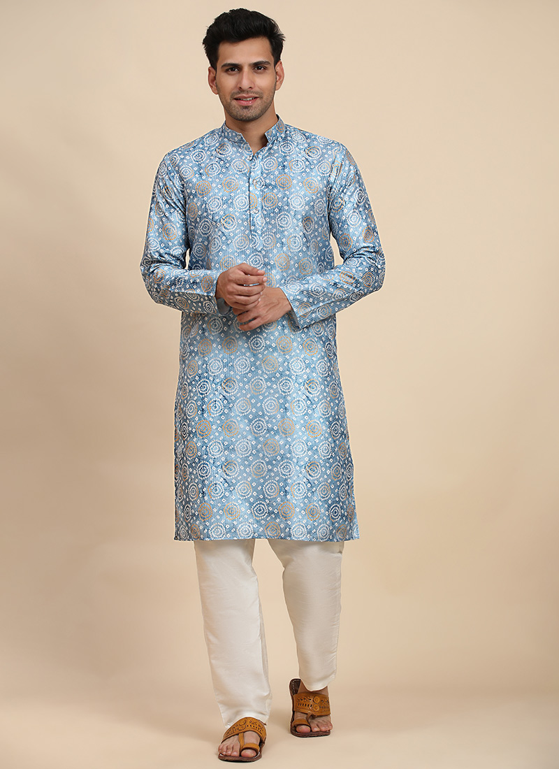 Light Blue Viscose Rayon Bandhani Print Kurta