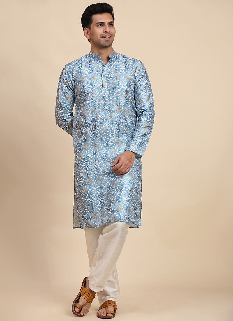 Light Blue Viscose Rayon Printed Kurta Pyjama Festive Wear