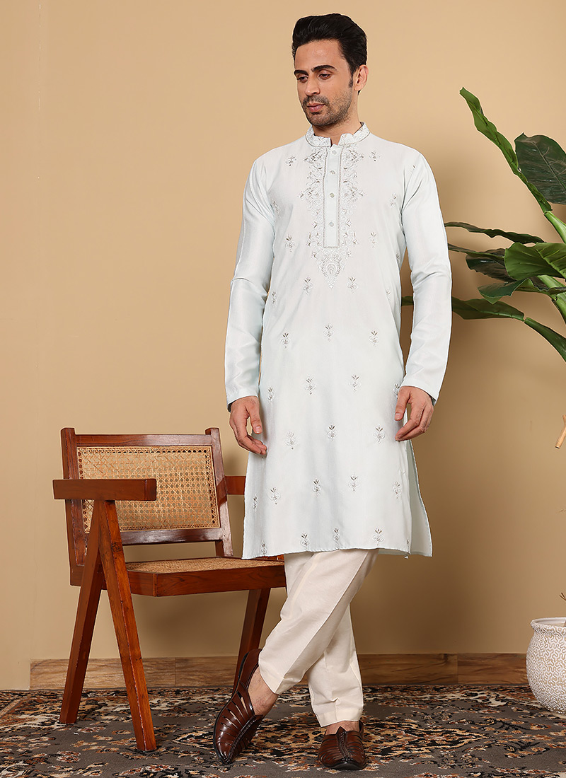 Light Blue Viscose Silk Embroidered Kurta Pyjama Festive Wear