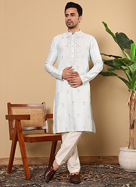 Light Blue Viscose Silk Embroidered Sequin Kurta For Men
