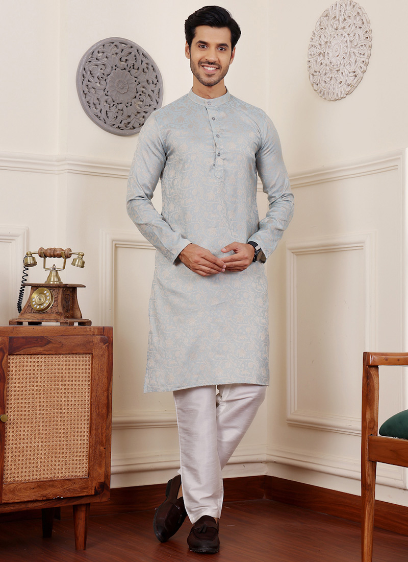 Light Blue Viscose Woven Kurta Pyjama Festive Wear