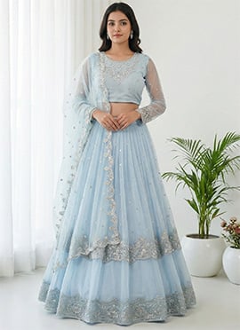 Light Blue Zari Georgette Embroidered Sequins Lehenga Set