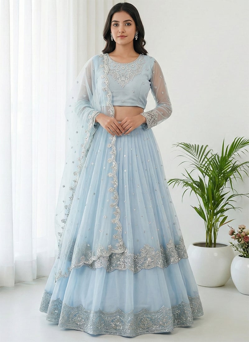 Light Blue Zari Georgette Embroidered Sequins Lehenga Set Wedding Wear