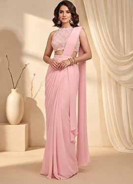 Light Blush Pink Georgette Beads Sequins Hand Embroidered Pre Draped Saree
