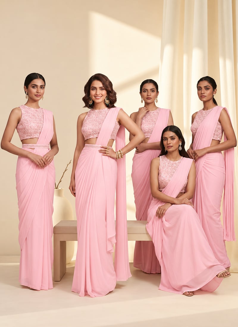 Light Blush Pink Georgette Beads Sequins Hand Embroidered Pre Draped Saree Festive Wear