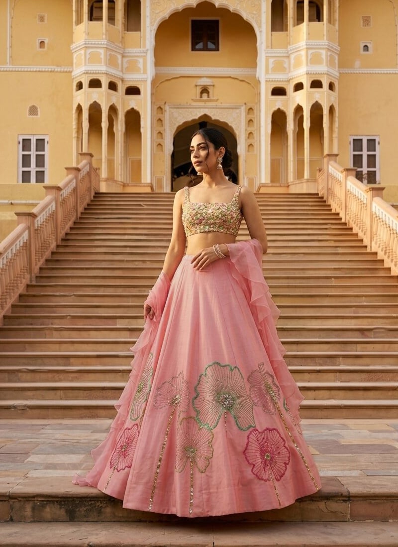 Light Blush Pink Organza Resham Sequins Stones Beads Lehenga Festive Wear