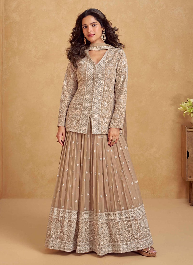 Light Brown  Faux Georgette Zari Embroidered Sequins Long Choli Lehenga