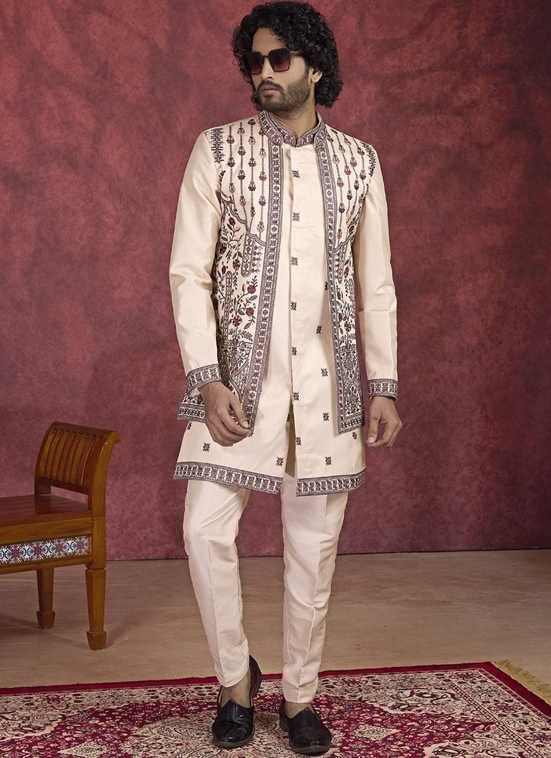 Light Brown Banarasi Silk Embroidered Thread Bandi Set Festive Wear