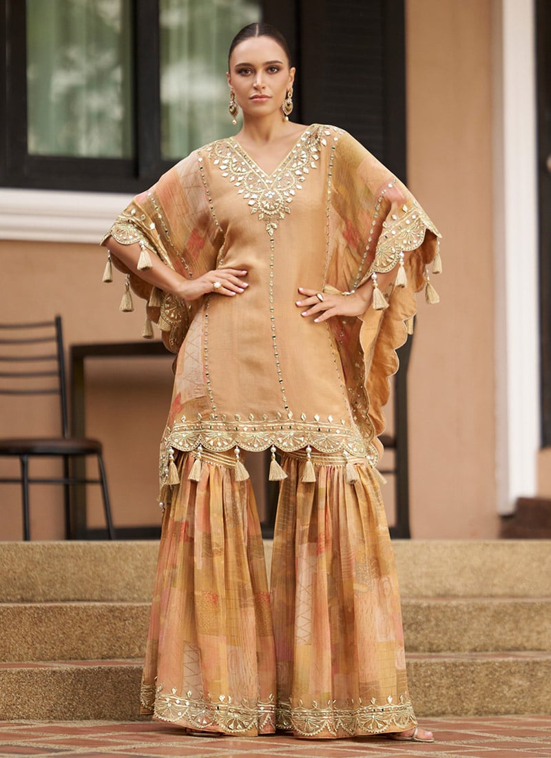 Light Brown Chinon Silk Gota Work With Embroidered Sequins Kaftan Indowestern Set Festive Wear