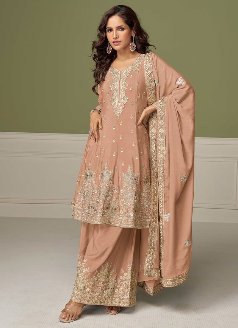 Light Brown Chinon Silk Sequins Embroidered And Zari Palazzo Suit Festive Wear