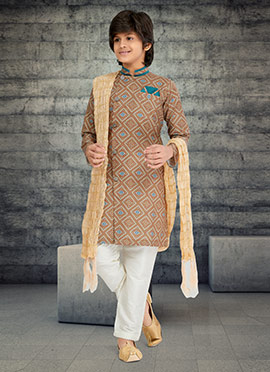 Light Brown Cotton Kids Boys Indowestern Sherwani