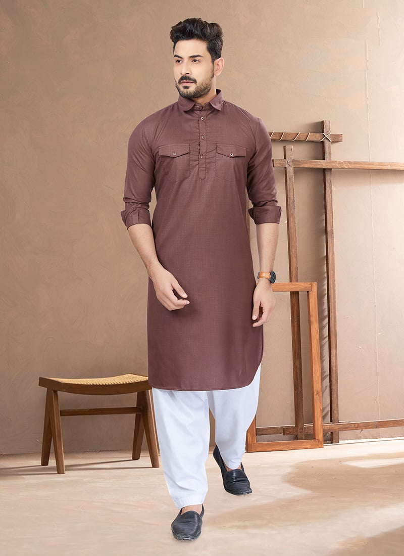 Light Brown Cotton Pathani Set For Men Festive Wear