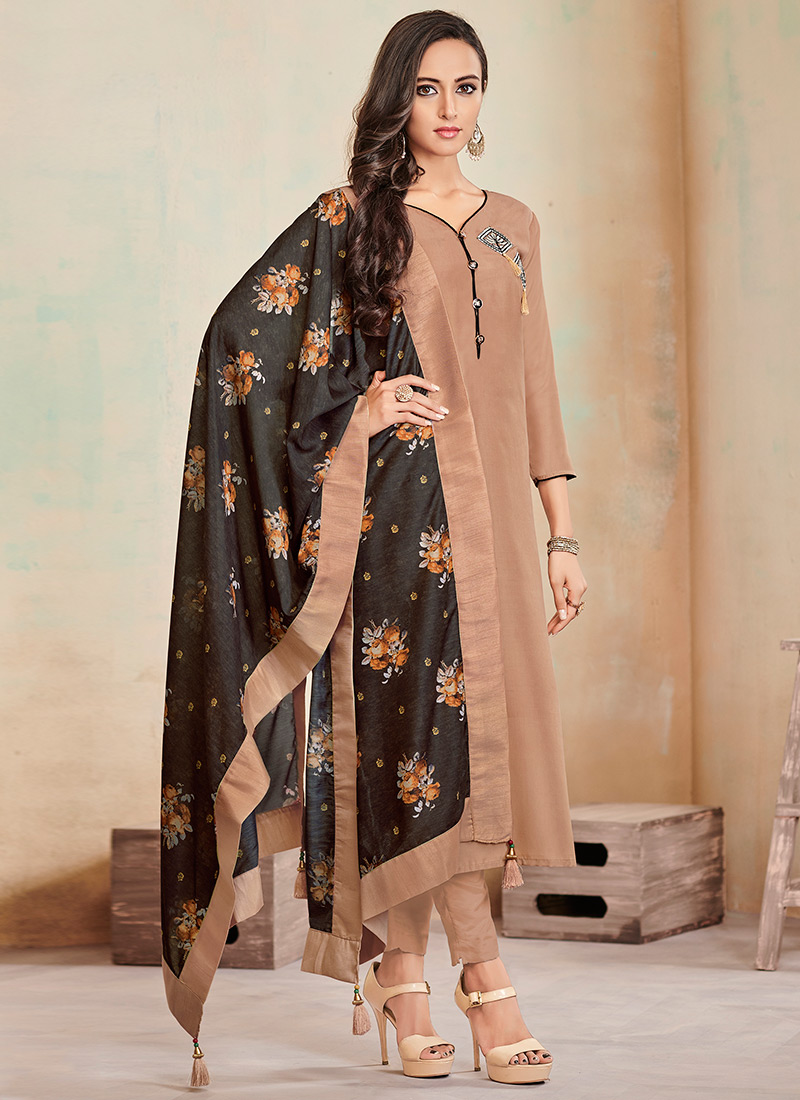 Buy Light Brown Cotton Straight Pant suit, Patch Work, straight pant