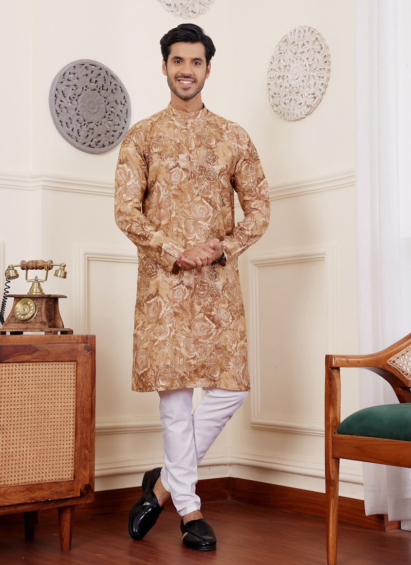 Light Brown Modal Silk Printed Kurta