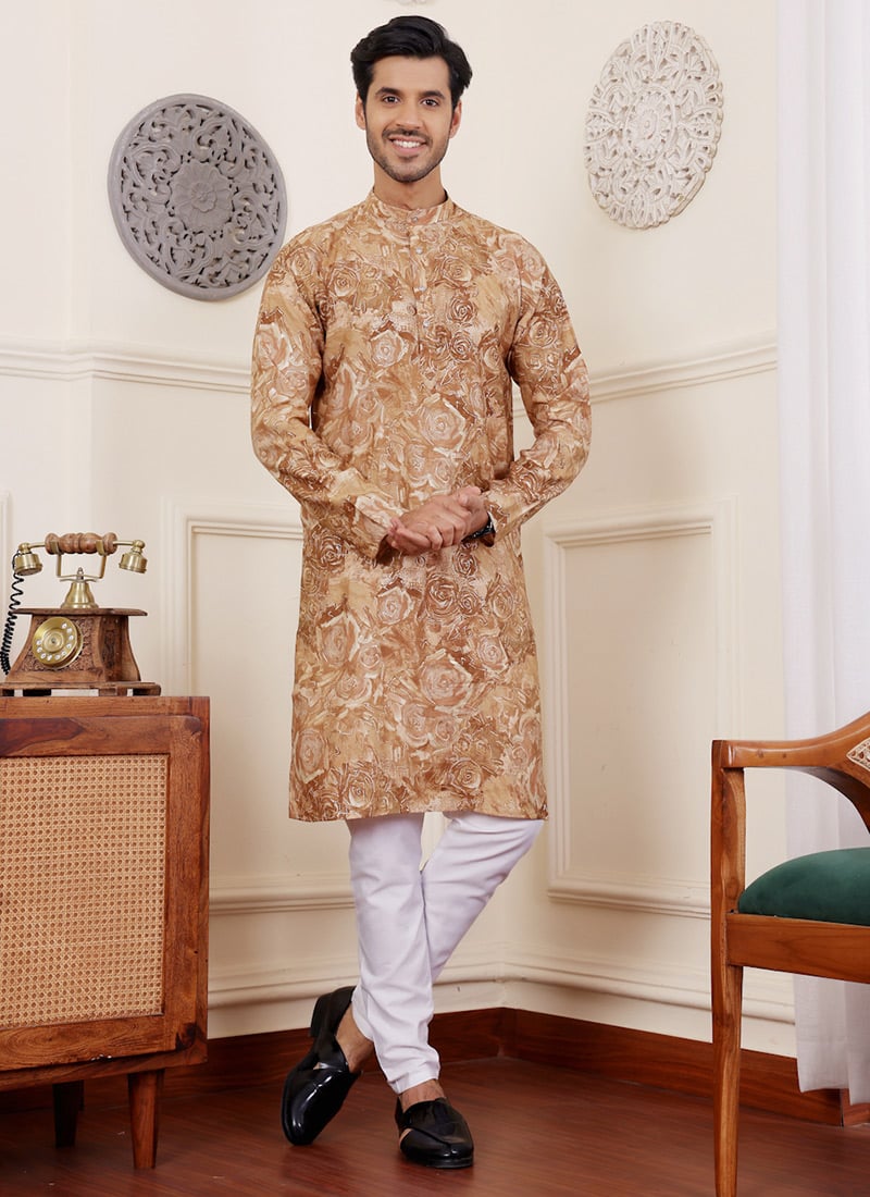Light Brown Modal Silk Printed Kurta Pyjama