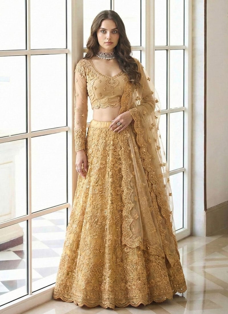 Light Brown Net Embroidered Sequins A Line Lehenga Wedding Wear