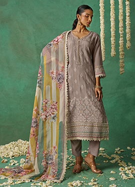 Light Brown Organza Hand Embroidered Sequins Pakistani Straight Pant Suit