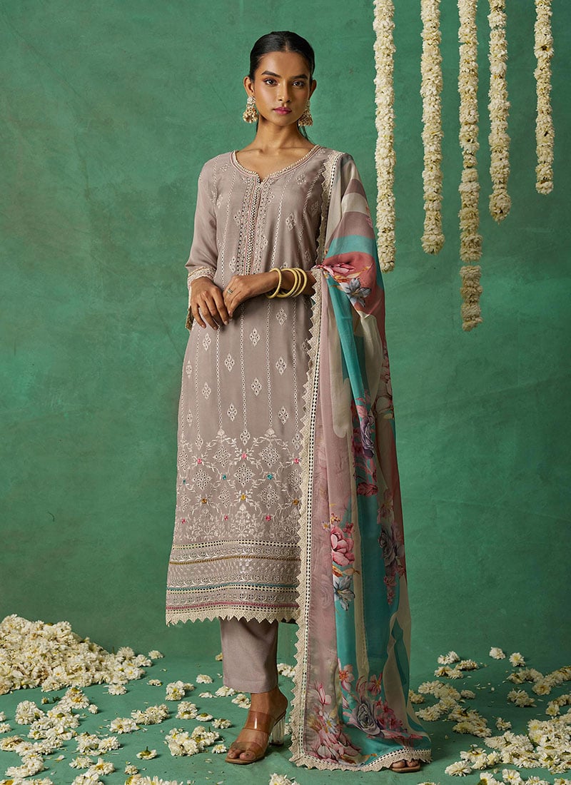 Light Brown Organza Hand Embroidered Sequins Pakistani Straight Pant Suit Festive Wear