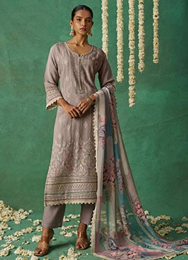 Light Brown Organza Hand Embroidered Sequins Pakistani Straight Pant Suit