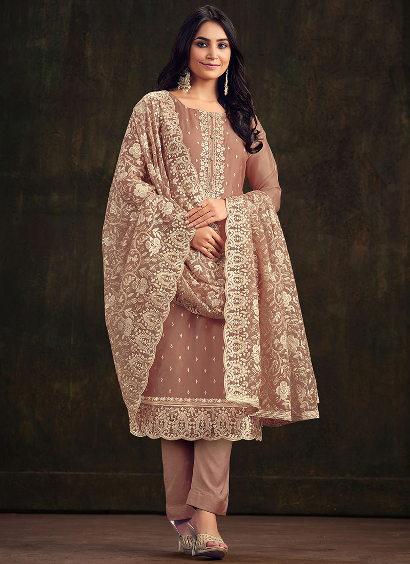 Trendy Designer Party Wear Salwar Suit Grey Organza Pant Straight
