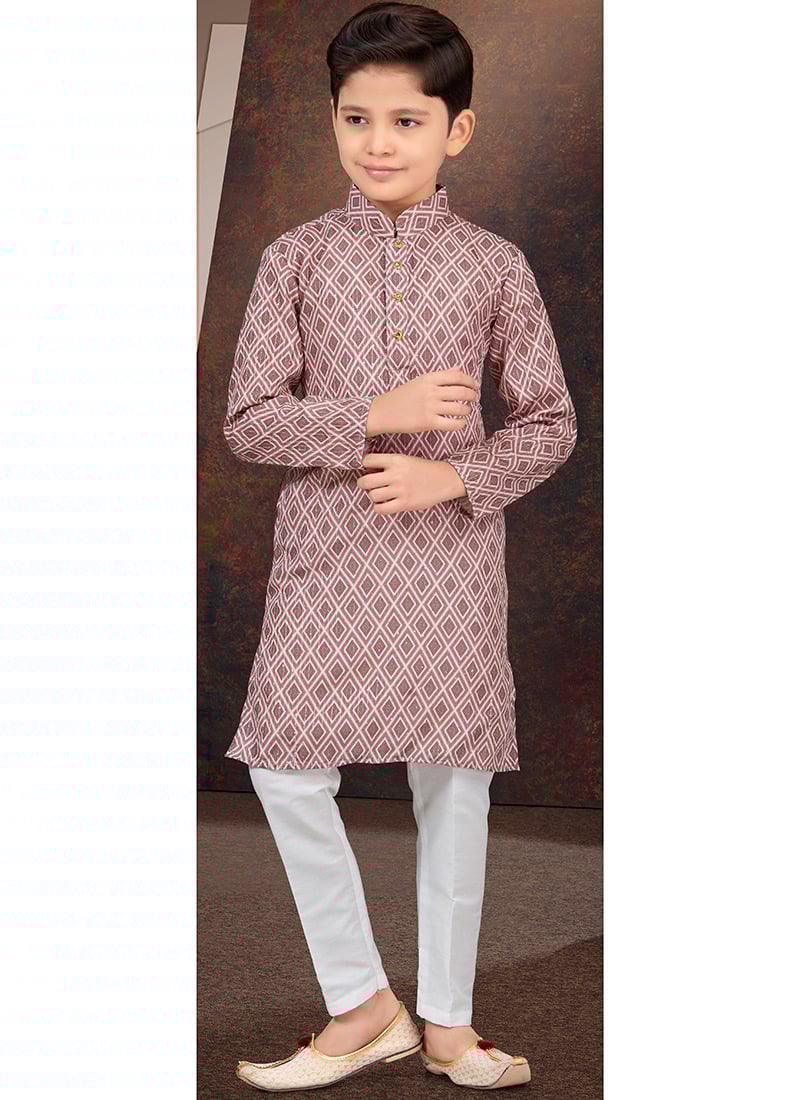 Light Brown Rayon Printed Embroidered Sequins Kids Boys Kurta Pyjama Festive Wear