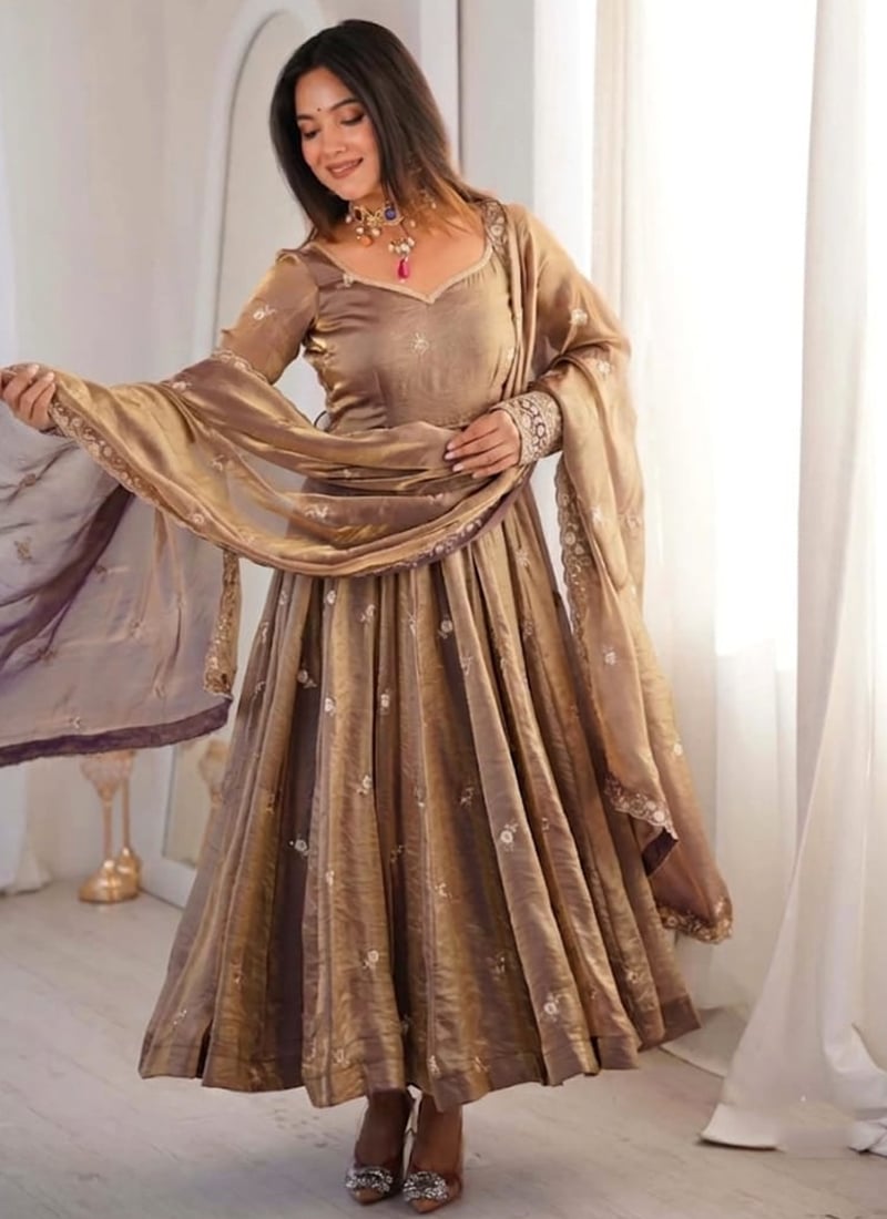 Light Brown Satin Embroidered Anarkali Suit After Six Wear