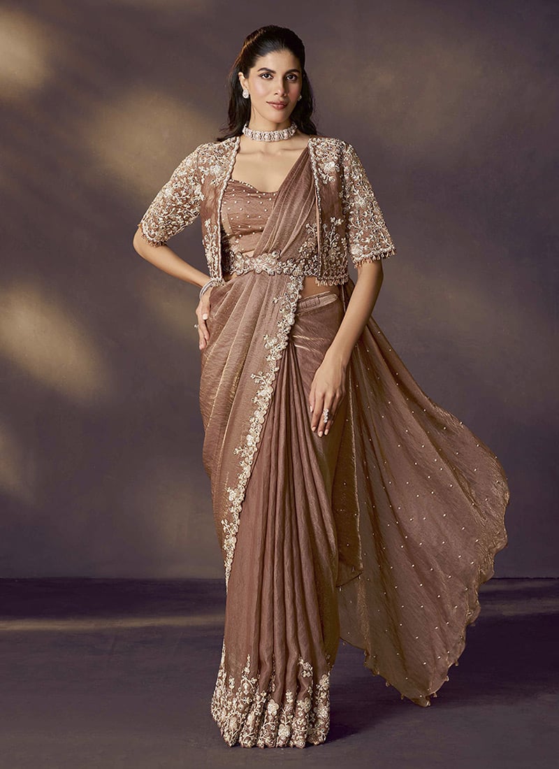 Light Brown Satin Silk Hand Embroidered Jacket Style Pre Draped Saree Wedding Wear