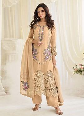 Light Brown Shimmer Silk Embroidered Sequins With Stone Work Pakistani Straight Pant Suit