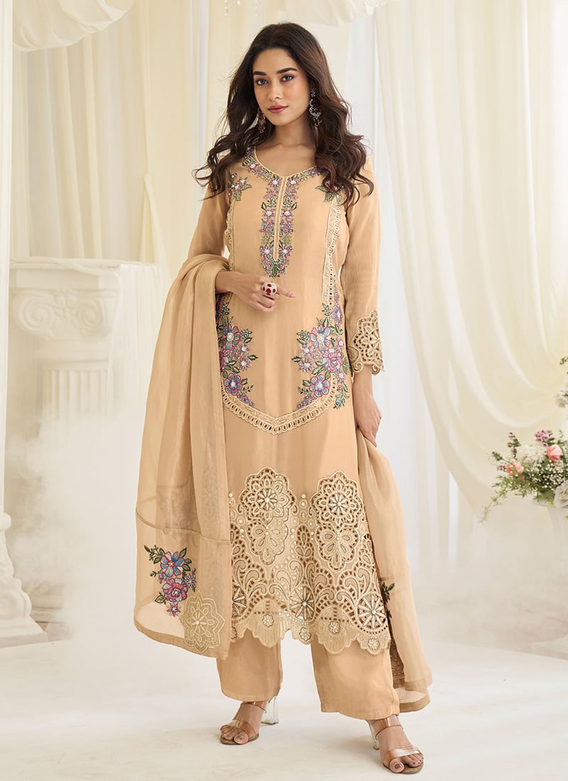 Light Brown Shimmer Silk Embroidered Sequins With Stone Work Pakistani Straight Pant Suit Festive Wear
