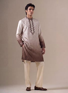 Light Brown Silk Embroidered Kurta Pyjama For Men
