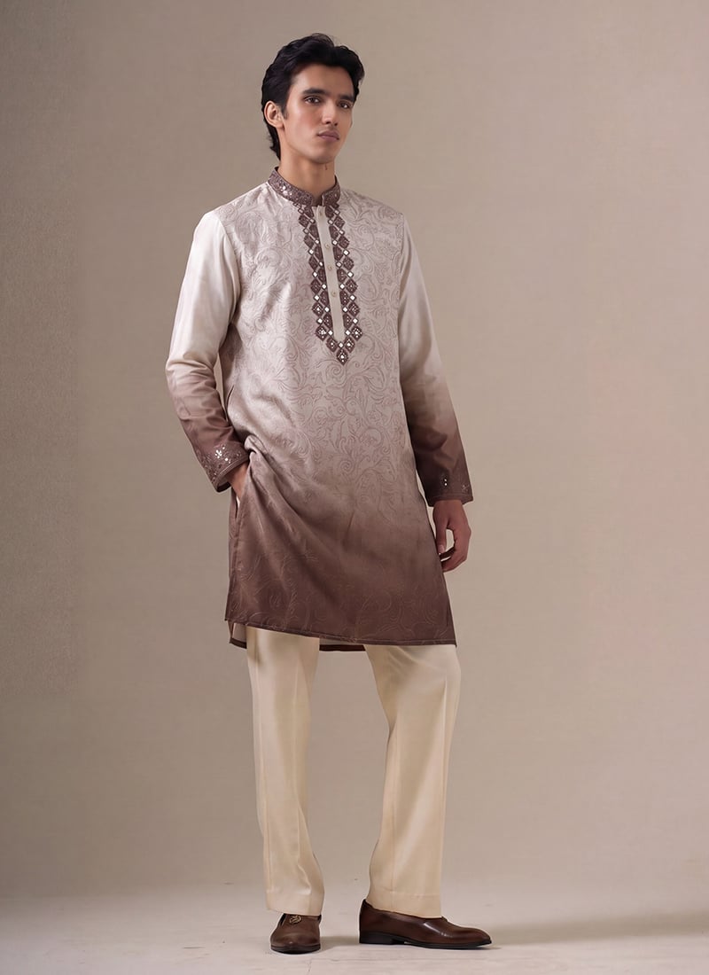 Light Brown Silk Embroidered Kurta Pyjama For Men Festive Wear