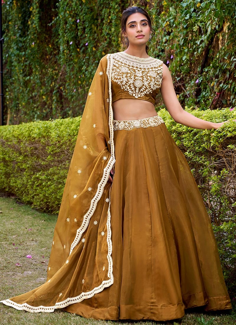 Light Brown Silk Embroidered Sequins Lehenga Wedding Wear