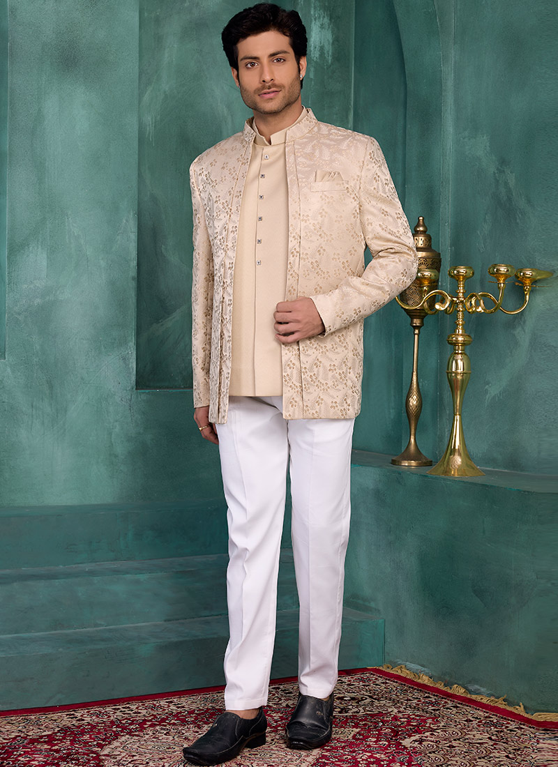 Light Brown Silk Jacquard Embroidered Jacquard Bandhgala Jacket