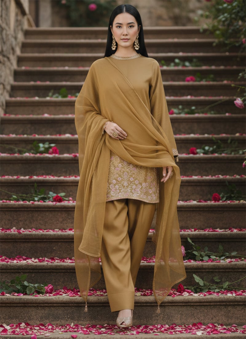 Light Brown Silk Zari Resham Sequins Farshi Style Salwar Suit Festive Wear