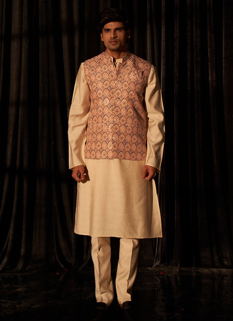 Light Brown Viscose Embroidered Woven Bandi Set