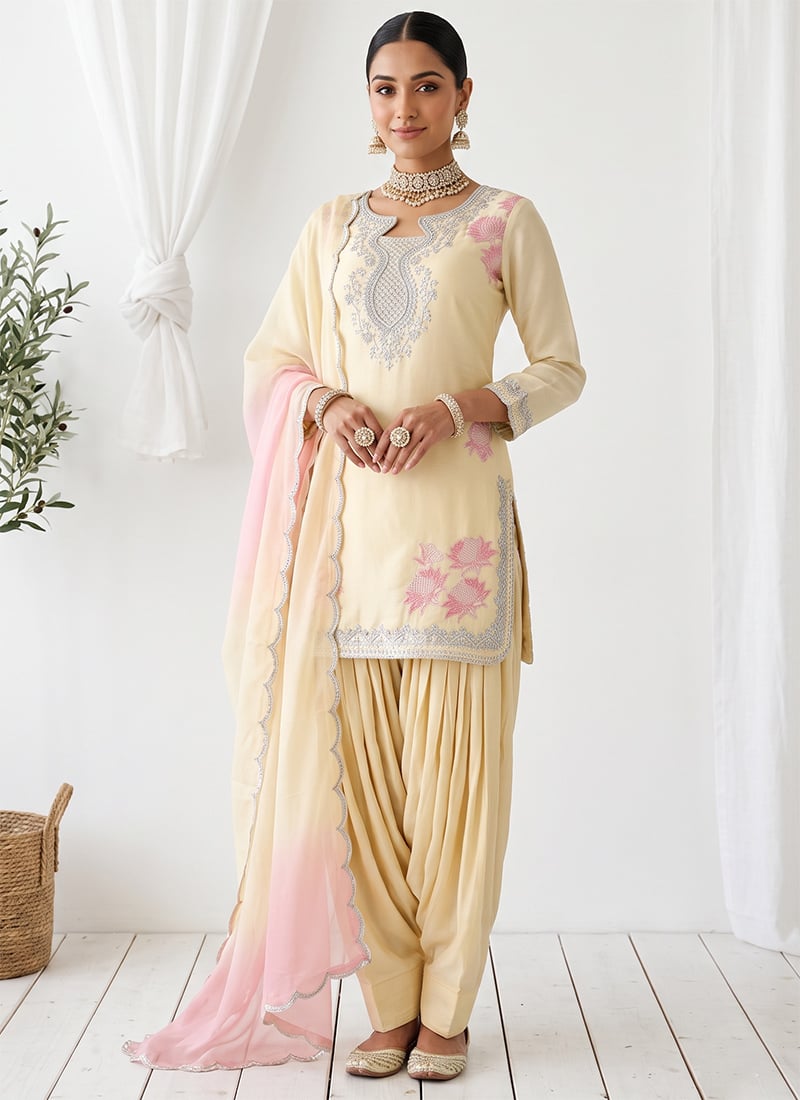 Light Butter Yellow Rayon Embroidered Sequins Farshi Salwar Suit Festive Wear