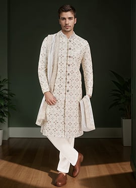 Light Cream Silk Embroidered Classic Sherwani