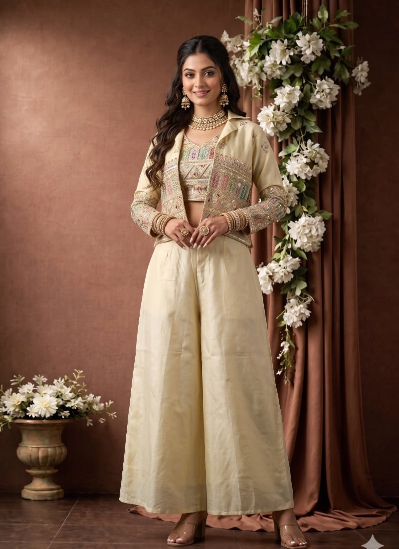 Light Cream Silk Sequins Beads Embroidered Jacket Style Indo Western Set After Six Wear