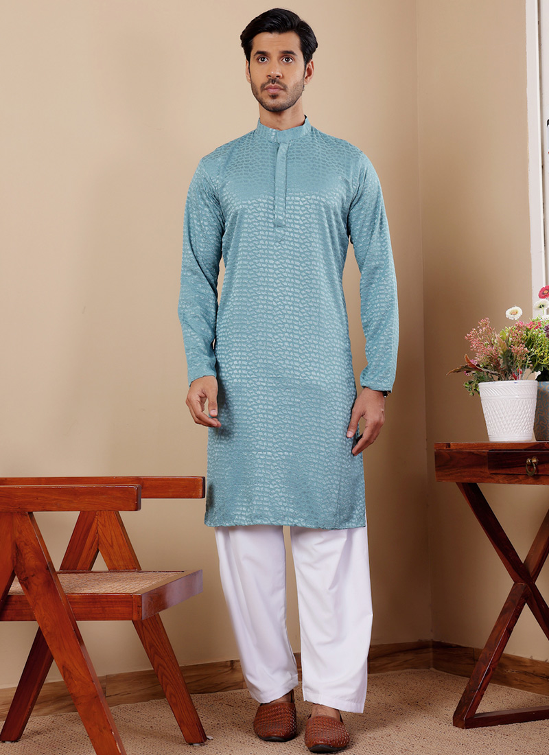 Light Cyan Blue Viscose Chikankari Embroidery Kurta Pyjama Festive Wear