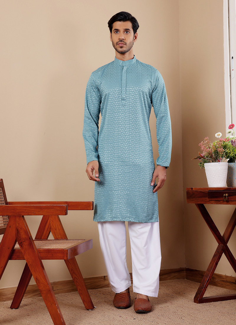 Light Cyan Blue Viscose Embroidered Chikankari Work Kurta