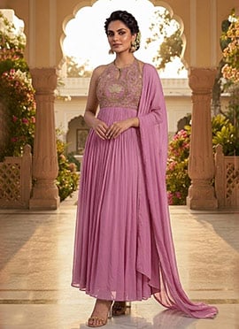 Light Dusty Pink Georgette Zari Sequins Halter Neck Anarkali Suit